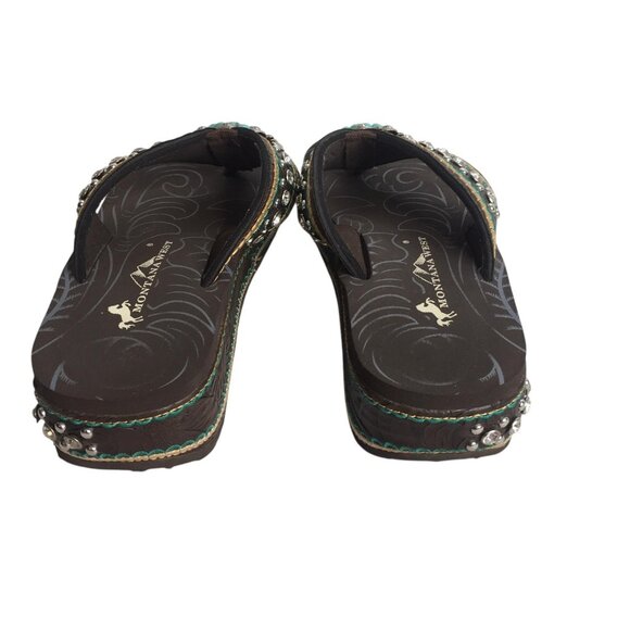Montana West Sandals Womens Size 7 Brown Turquoise Wedge Flip Flop Rhinestone - Picture 11 of 11
